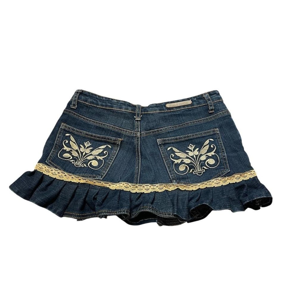 upcycled Y2K navy denim skirt with lace trim and floral embroidery